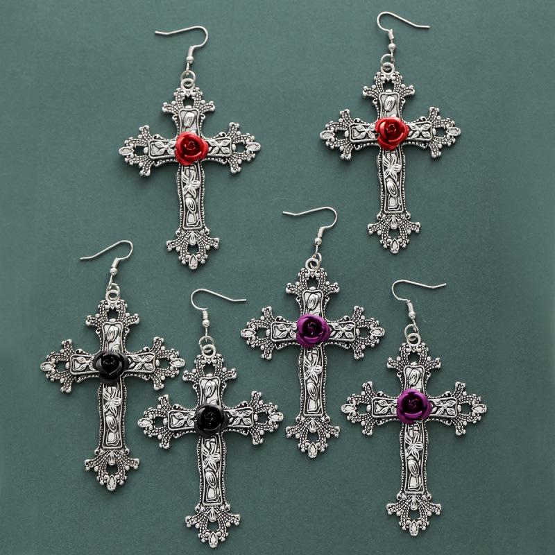 Gothic Dark Rose Cross Earrings Pendant with High-end Aesthetic