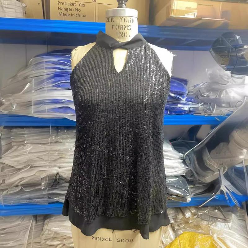 Women Fashion Hundred Sequins Outer Cross Hanging Neck Sexy Sleeveless Strapless Tank Top