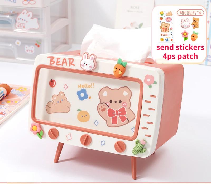 Cute Multifunction Tissue Box Holder Square for Home Kawaii Desktop Decor Tv Tissue Box Case Pink Phone Holder Storage Organizer
