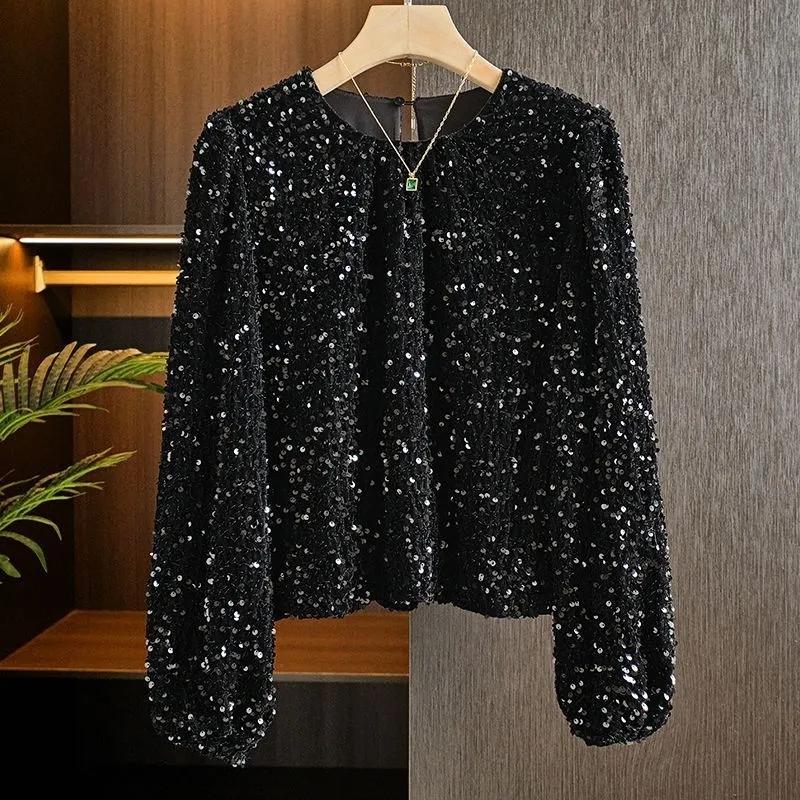 Camiseta Feminina Outono com Lantejoulas Manga Longa Gola Redonda Elegante Camada Base Top