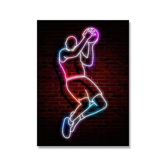 Neon Light Art Canvas Painting Abstract Fancy Basketball Sport Posture Poster Street Wall Art for Kids Boys Room Home Decoration