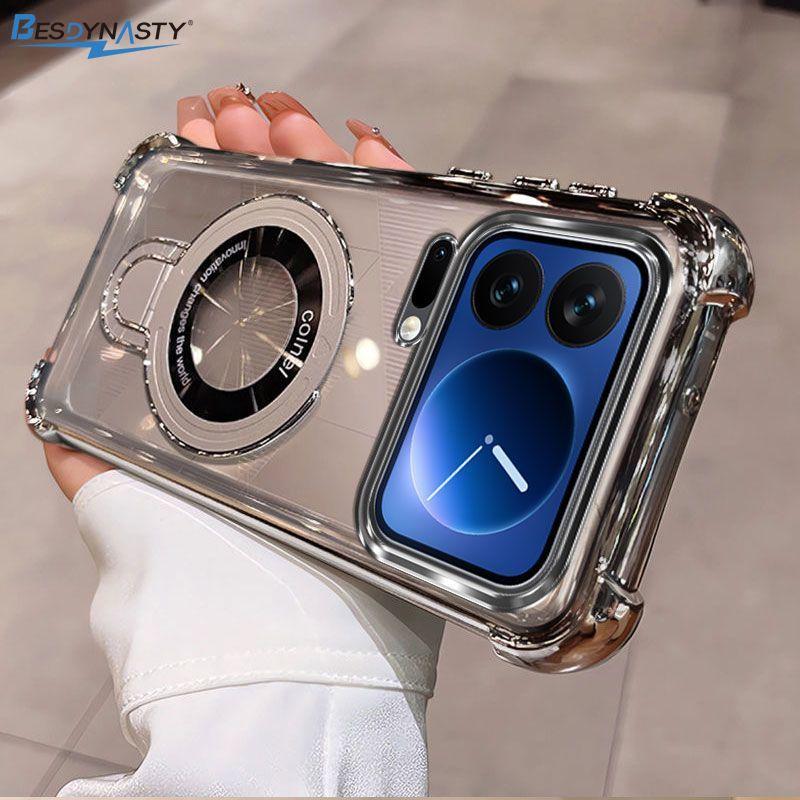 For Xiaomi 17 ProMax 15 T Pro 14T 13T PRO Transparent Plating Shockproof Magnetic Holder Case For Magsafe Gyro Stand Cover