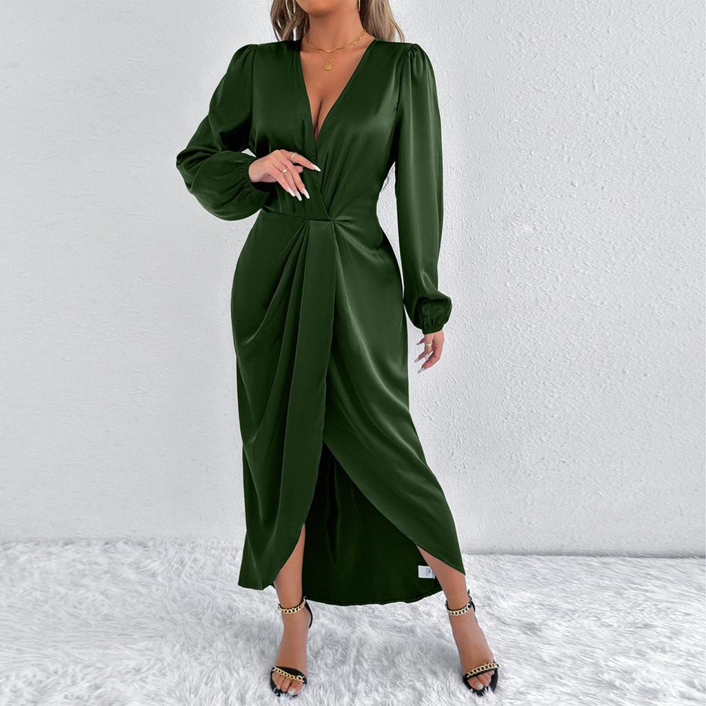 Women's Fashion Summer Sexy Color V Neck Long Sleeved Dress