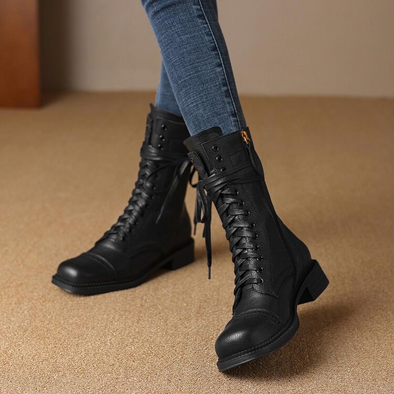 Fashion NEW Autumn Women Boots Genuine Leather Shoes for Women Round Toe Chunky Heel Shoes Zipper Short Boots Lace-up Designer Boots