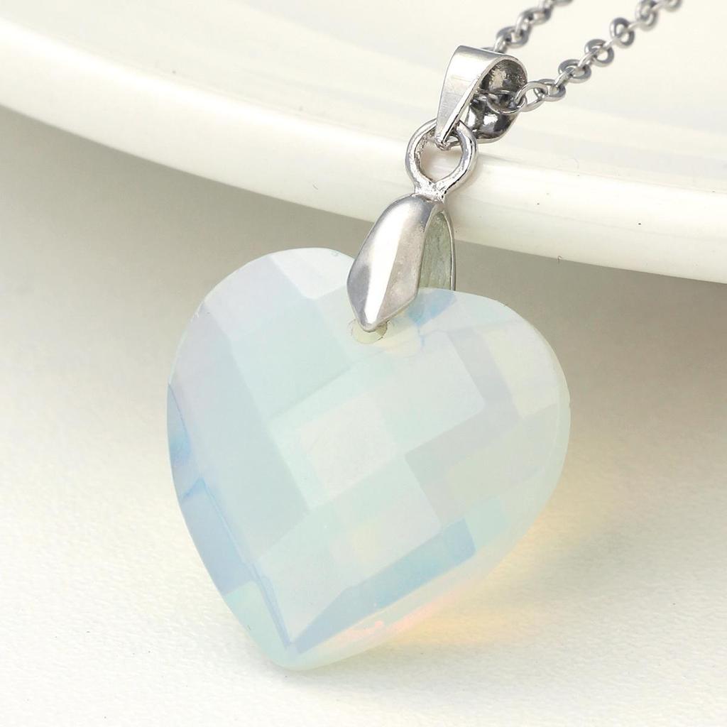 Valentine's Day Crystal Heart Pendant Necklace for Women, Natural Stone & Titanium Steel