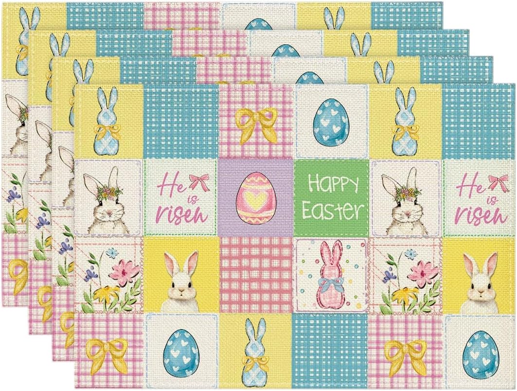 

Rabbit Bunny Eggs Bow Flower Happy Easter Placemats Set of 4, 12x18 Inch Seasonal Spring Holiday Table Mats for Party Kitchen Dining Decoration 4pcs-12x18
