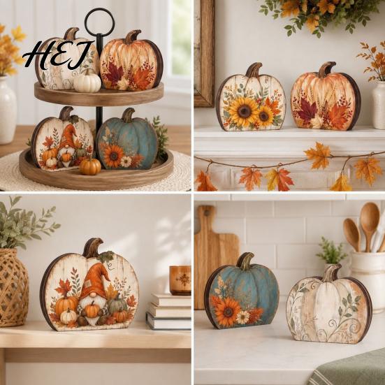 Holiday Window Sill Decor Thanksgiving Fall Pumpkin Table Decoration, Rustic Block Wooden Sign, Autumn Vintage Farmhouse Tabletop Centerpiece