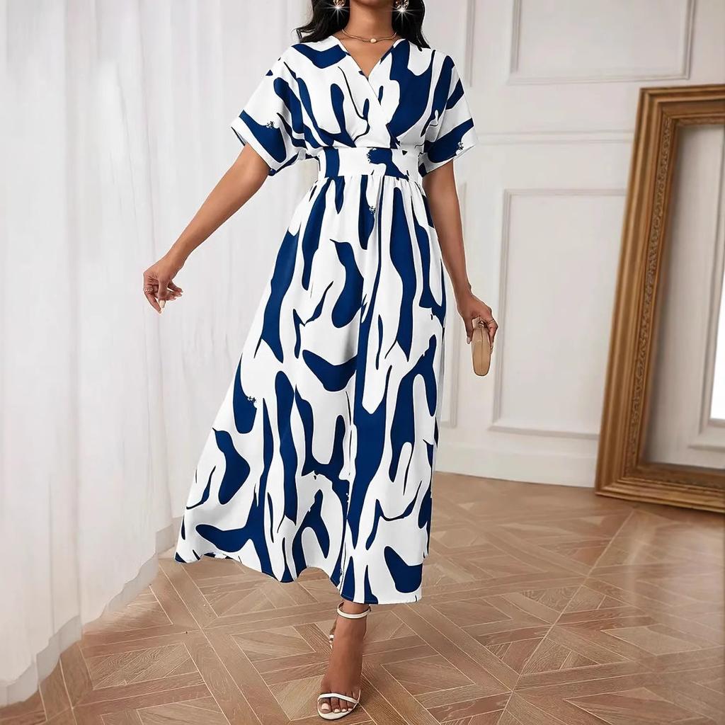 Women Summer Short Sleeve Color Matching Holiday Beach One Piece Dress