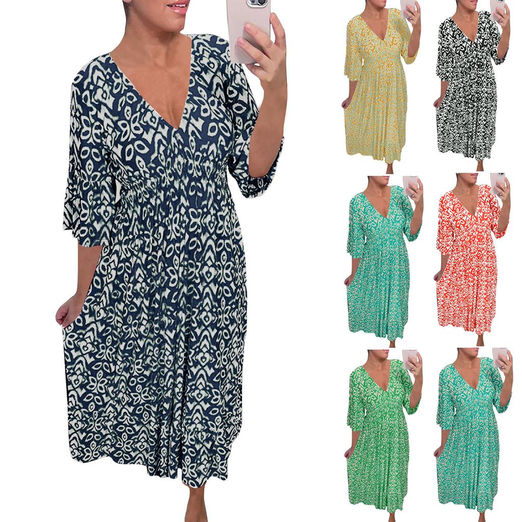 Damen V-Ausschnitt Wrap Minikleid - 3/4 Ärmel mit Taillen-Bindeknoten