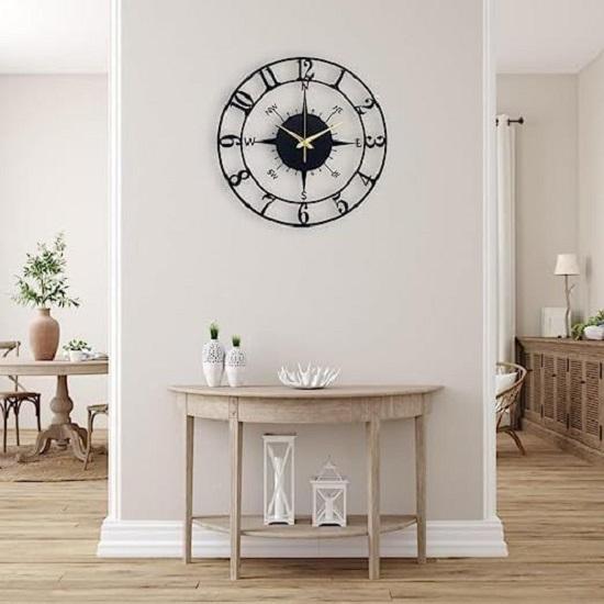 Large World Map Wall Clock, Metal Minimalist Modern Clock, Round Silent Non-Ticking Battery Operated Wall Clocks for Living Room / Home