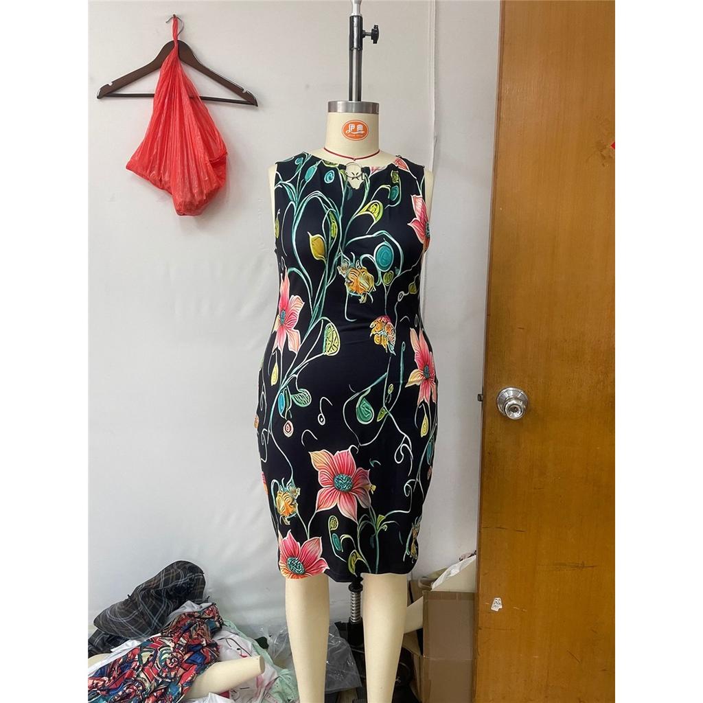 Women's Sleeveless Round Neck Print Elegant Tight Knee-length Dress