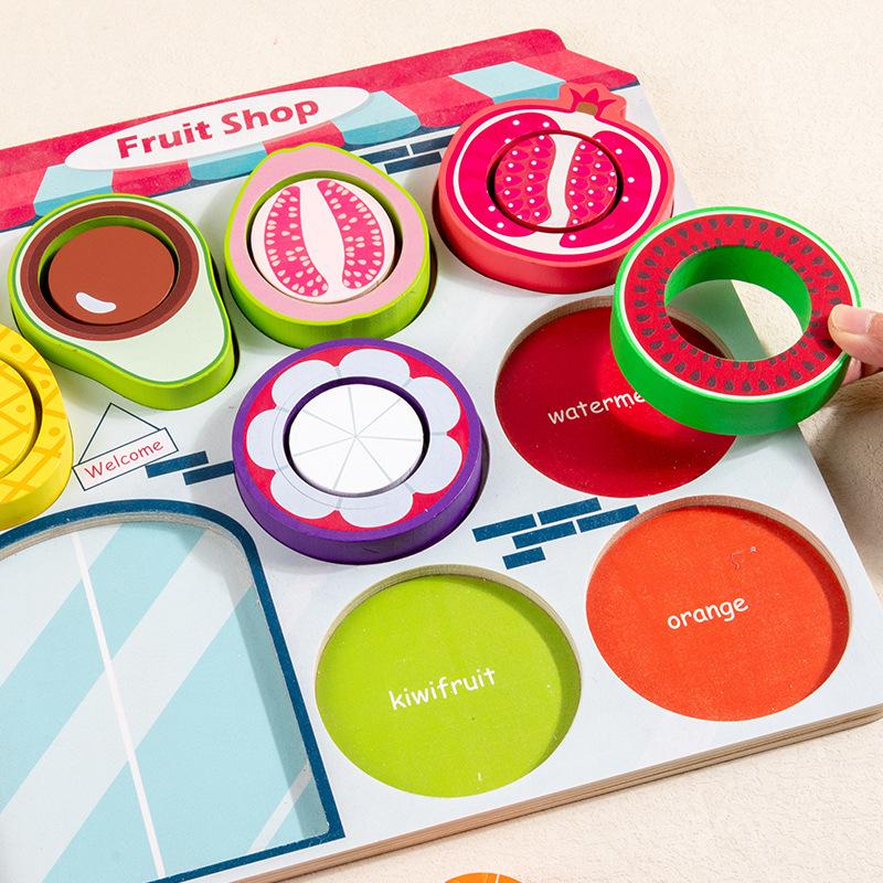 Kids' Wooden Fruit Color Sorting Plate & Bead Clamping Educational Toy for Sensory Training