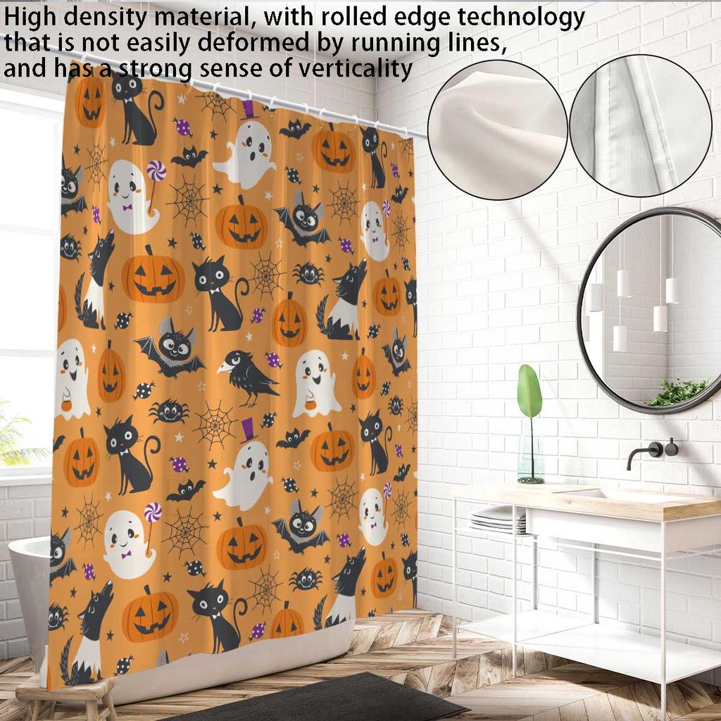 1pc Cartoon Halloween Theme Print Shower Curtain, with 12 Hooks, Machine Washable, for Shower Partition and Privacy Protection
