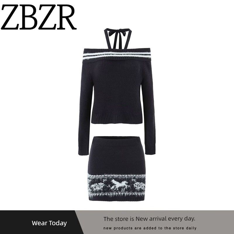 Za Export New Arrival Women's Clothing ZR Fashion Style Fashion off-Shoulder Lace-up Halterneck Sweater Knitted Hip Skirt Suit