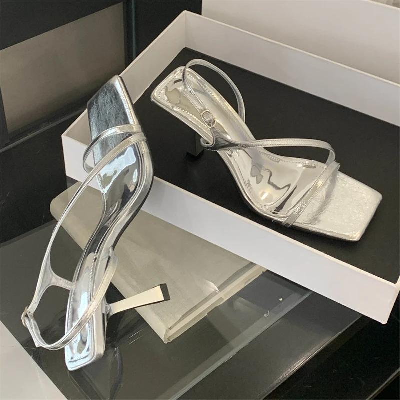 Fashion 2025 New Summer Women Shoes Fashion Square Toe Buckle Strap Sandals Women Elegant Thin Low Heels Party Stripper Shoe Women Pumps