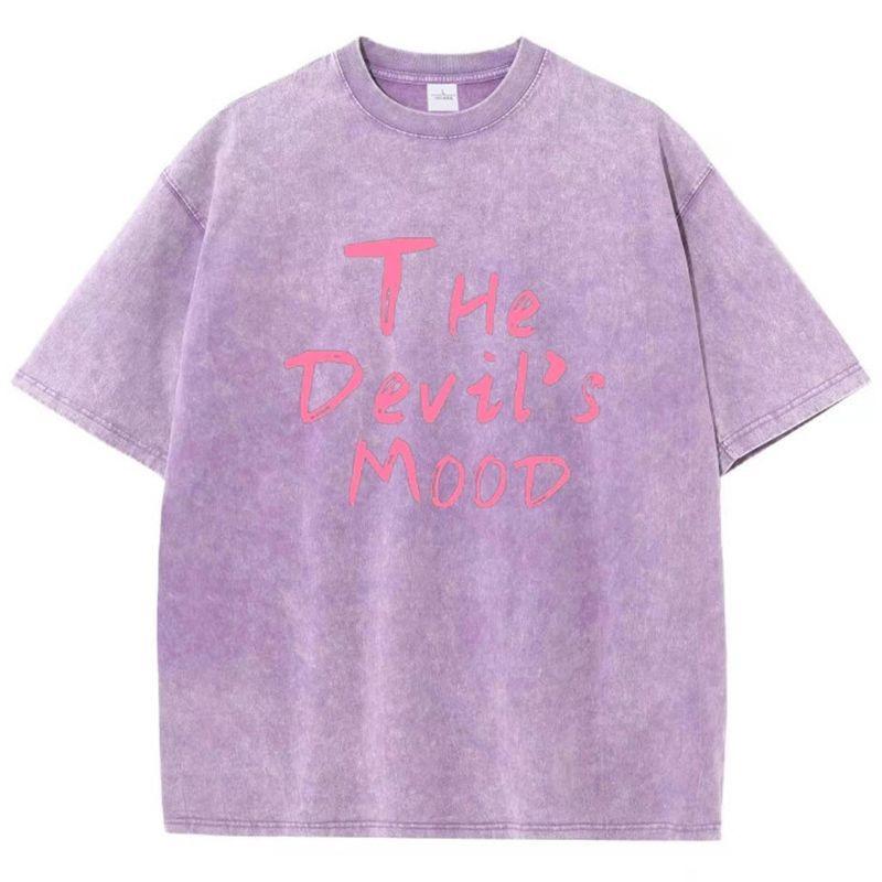 Women's Moon and Sun Printed T-shirt Oversized Short Sleeved Retro Washed Shirt Summer Top