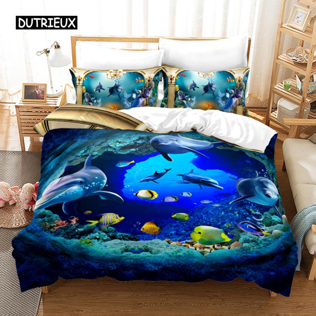 Ocean Duvet Cover Set Polyester Underwater World Clownfish Shark Quilt Cover Sea Animal Theme Double Queen King Size Bedding Set