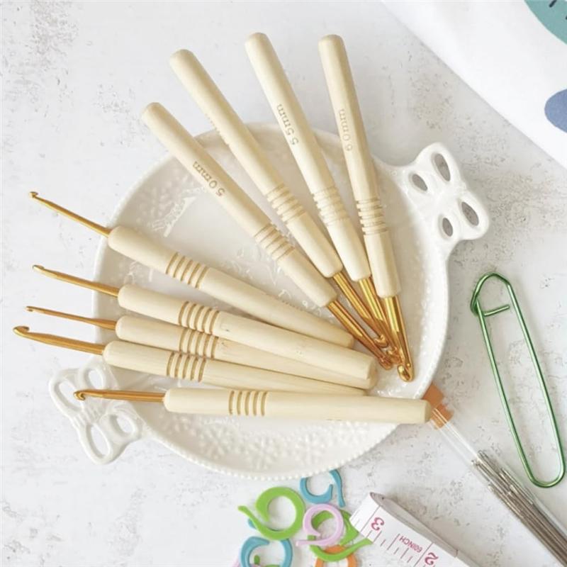 M-Modern-9Pcs 135Mm Bamboo Crochet Hook Wooden Handle Crochet Hooks Knitting Needles Sets For Making Sewing Blankets Yarn Crafts