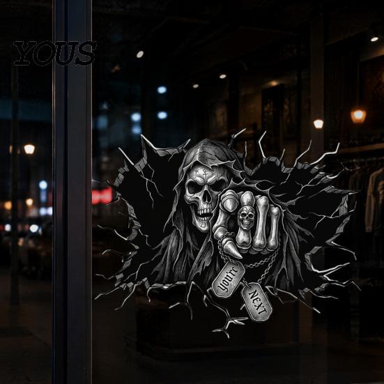 Festival Atmosphere Wall Art Grim Reaper Sticker, 3D Breaking Through Decal, Window Display Decal Scary Skull Mural for Home Bar Pub Halloween