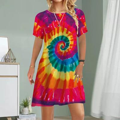 Women Casual Dress Summer Tie-dyed Print Dresses For Women O-neck Short Sleeve Dress Plus Size