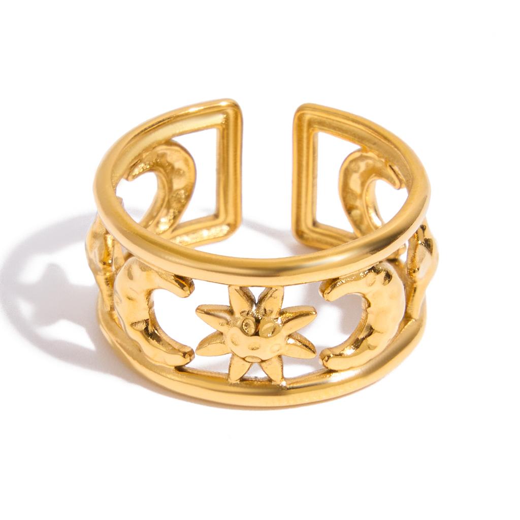 Yori Statement Stainless Steel Star Moon Hollow Double-Layer Open Ring 18K PVD Plated High Quality Charm Stylish Golden Jewelry