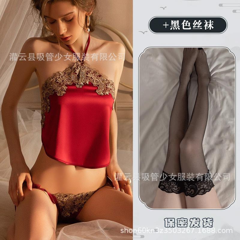 Sex Underwear Sexy Belly Pocket Large Size Strap Women's Belly Pocket Hanging Neck Lace Satin