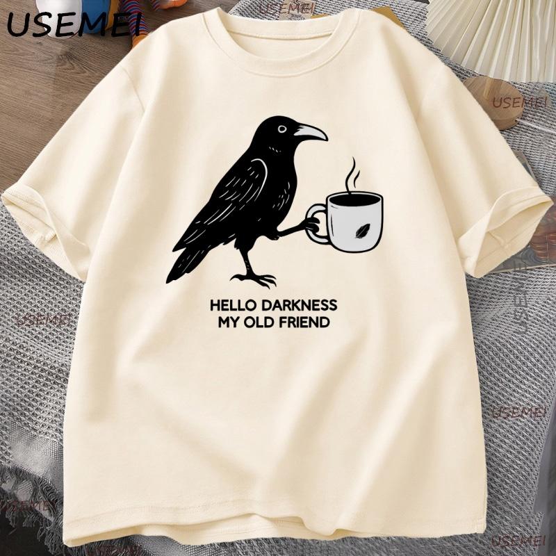 Vintage Crow Coffee T Shirt Halloween T-Shirt Fall Tee Women Men Cotton Tops Creative Crew Neck Tees