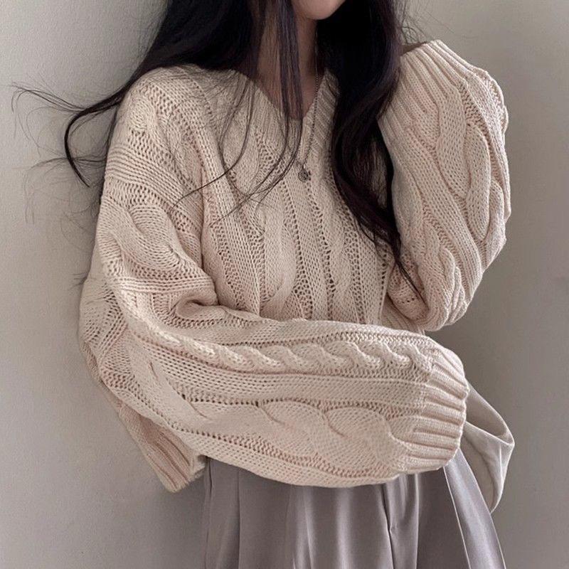 Korean Chic V-Neck Cropped Knit Sweater - Autumn/Winter 2026 Women's Fashion