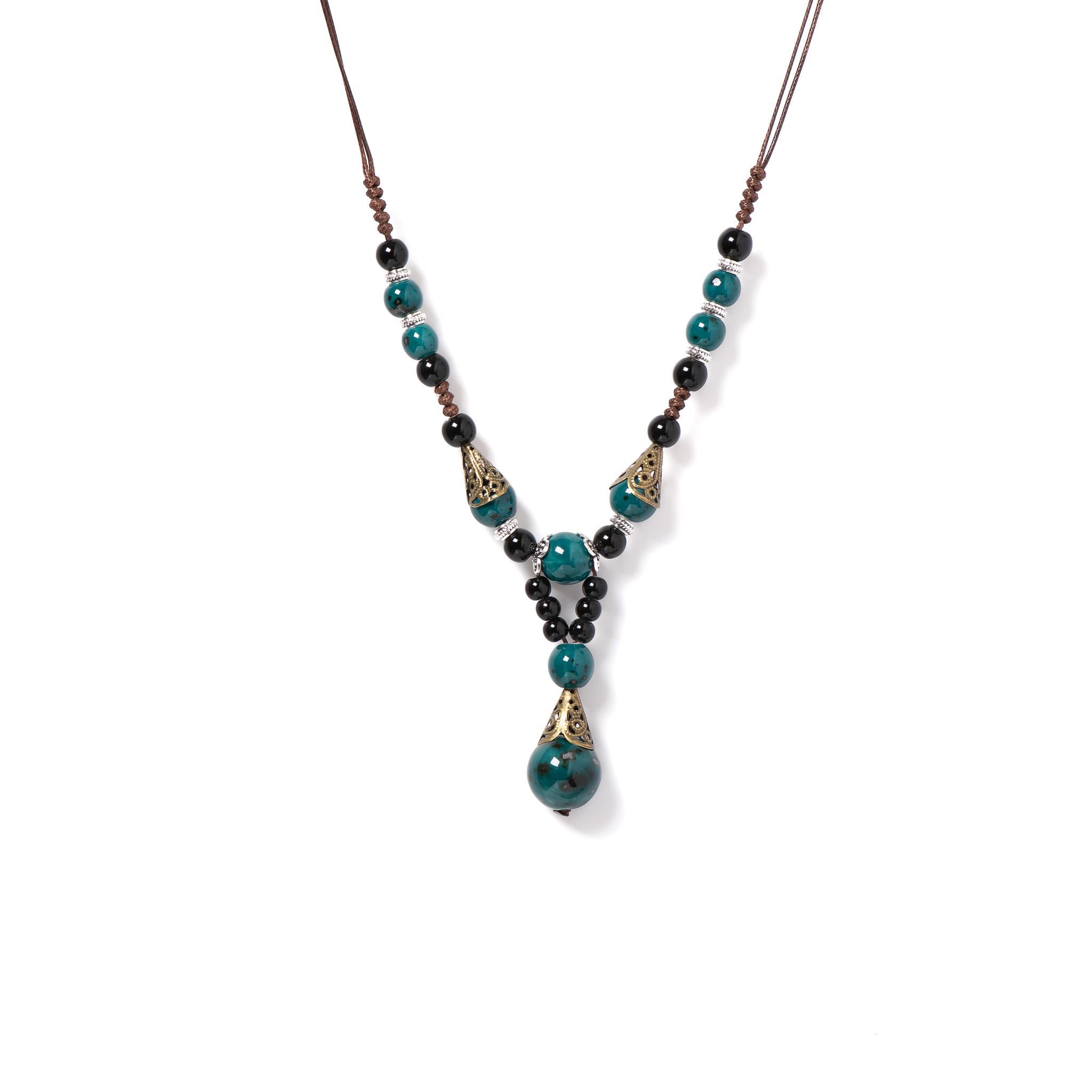 Handmade Blue Ceramic Bead Necklace Adjustable Wax Cord Boho Jewelry with 7cm Pendant Vintage Gift for Women 1126