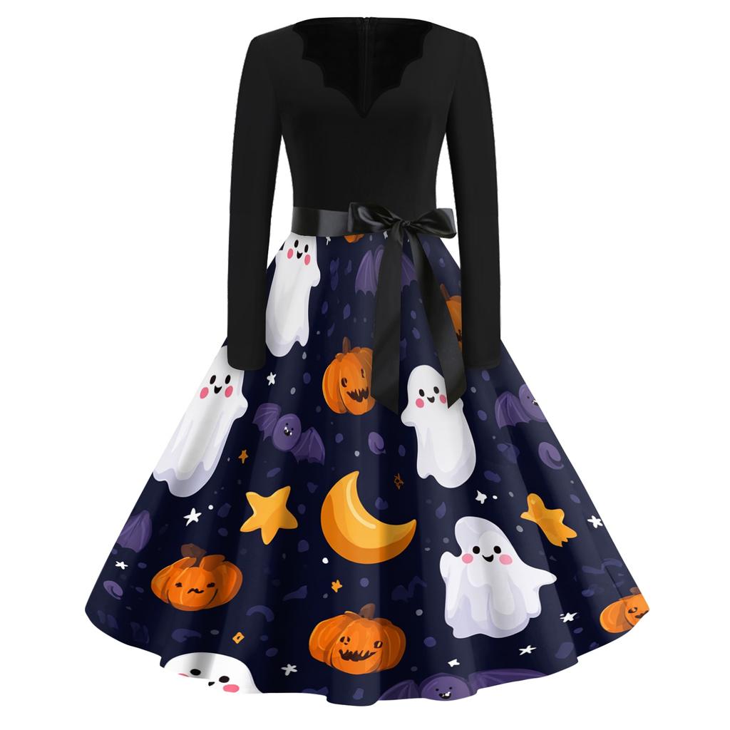 Women's Casual Vintage V Neck Dress with Long Sleeves Halloween Print Full Skirt Midi Dress with Waist Tie for Everyday Wear