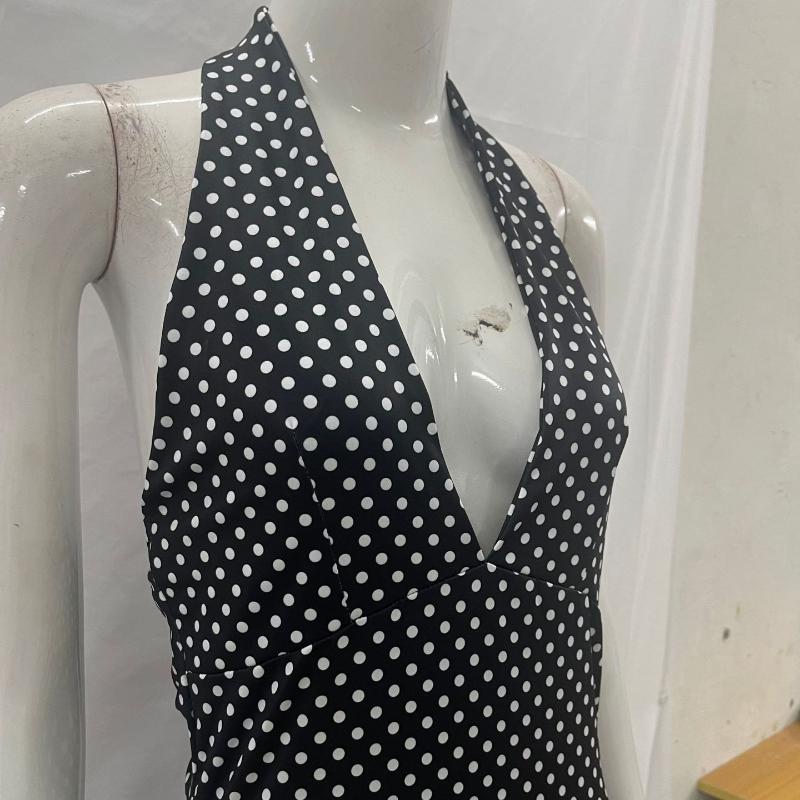 European and American neck hanging polka dot print deep V retro slim fit sexy backless jumpsuit long skirt