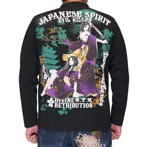 Battou Musume Karakuri Tamashii Japanese Pattern Long Sleeve T-Shirt, Yua and Hina, 243130-20 Black - L