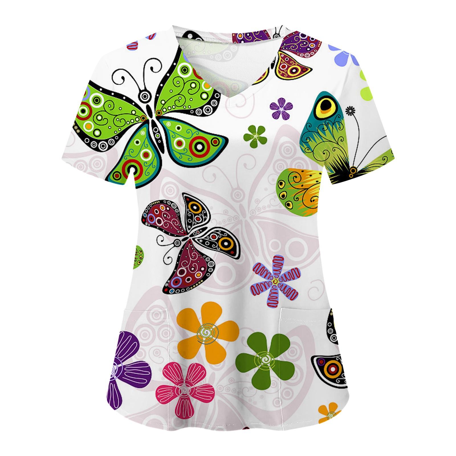 

Nursing Uniforms for Women Simple Floral Pattern Clinical Uniforms Products Short-Sleeved V-Neck Fashion Prints Surgical Uniform S