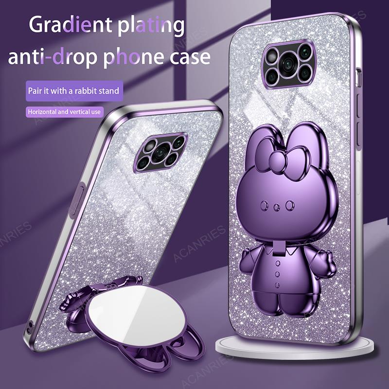 

Cute 3D Rabbit Makeup Mirror Stand Plating Soft Case For Xiaomi Mi Poco X3 Pro Nfc Gt 5g M4 M3 Protect Back Cover Poko X 3 X3pro Poco F2 Pro
