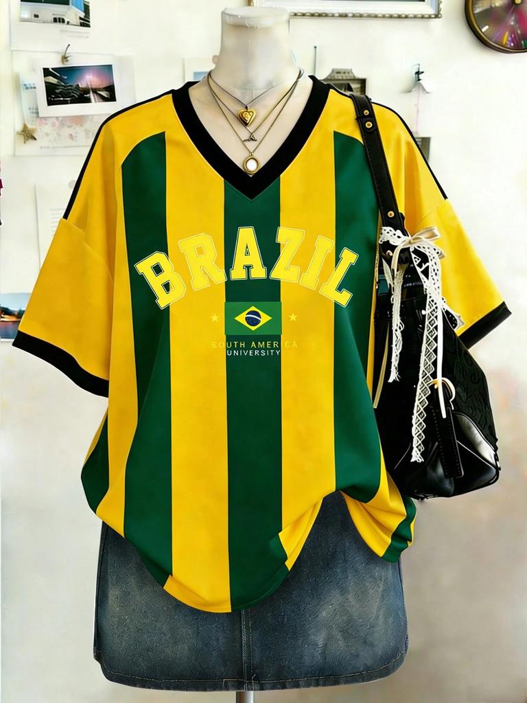 Women Loose V-Neck T-Shirt Yellow-Green Striped and Brazilian Style Pattern Print Short Sleeve Tops Tee Casual Sexy Streetwear