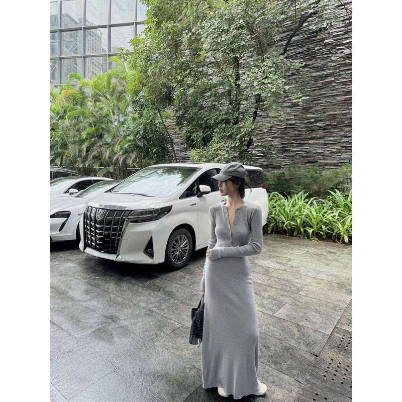 Kumikumi Retro Gray Half-Open Collar Long sleeve dress Women Autumn Elegant Knitted Waist Hugging Hip Skirt Long dress