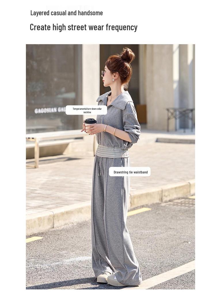 2025 Spring Fashion High-Waist Wide-Leg Pants & Slim Fit Sweatshirt Set