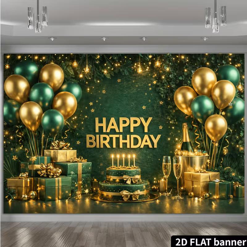 2D Green Gold Birthday Backdrop for Adult Party Photo Background