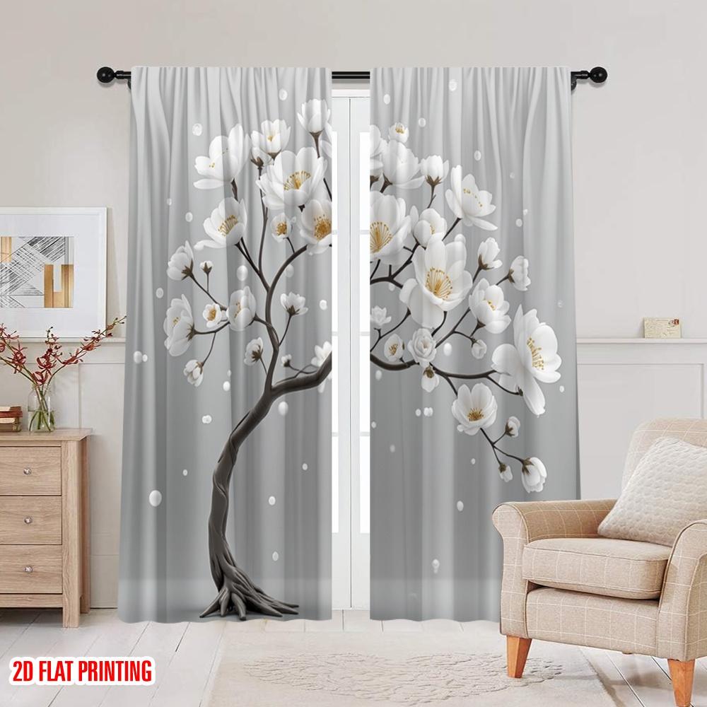 Set Of 2 Flat Printing Curtain White Flower Tree Protecting Privacy Birthday Party Use Room Parties Decor Polyester