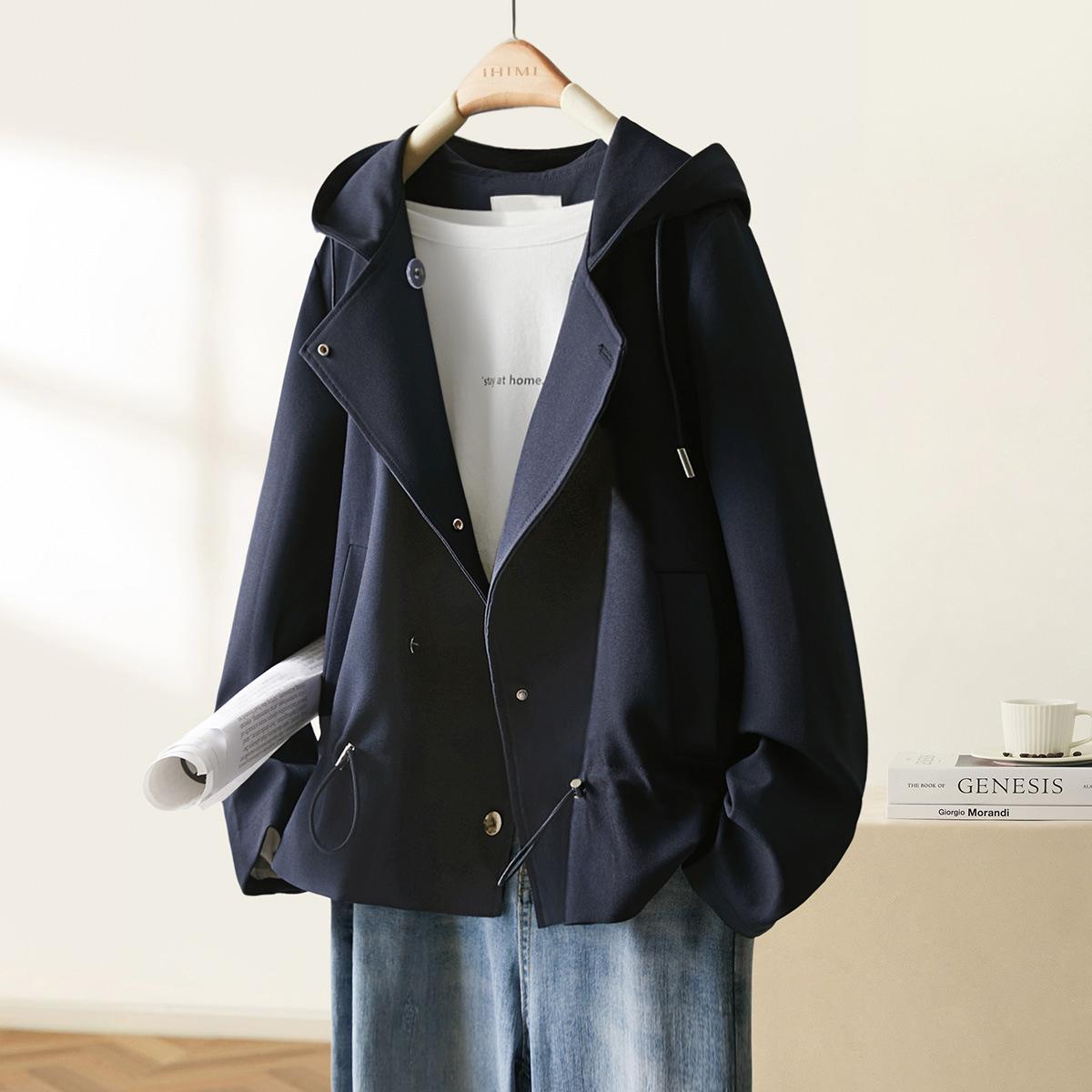 

Осенняя короткая ветровка с капюшоном для женщин, осенняя новая свободная куртка Niche 2XL темно-синий