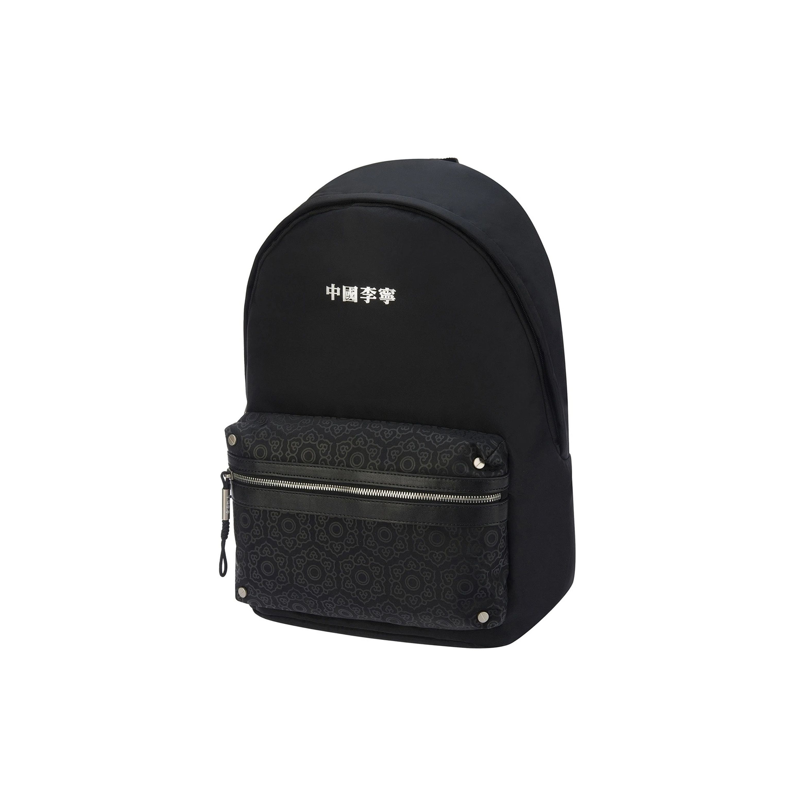 Li Ning Logo Print Zipper Closure Fabric Backpack Unisex Backpack Black ABSR356-1 Black