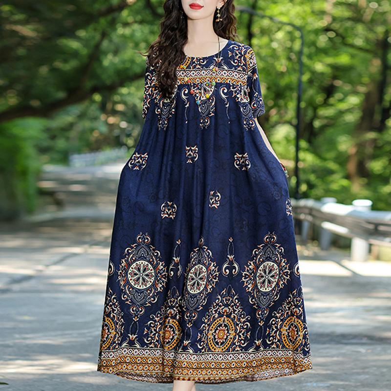Elegant Summer Loose Dress Woman Vintage Clothes Plus Size Casual Short Sleeve Long Dresses