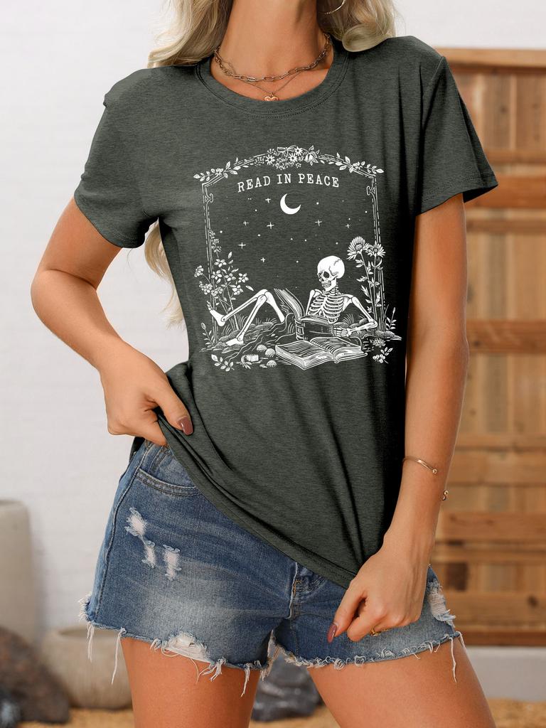 Summer new crewneck Womens casual Tshirt read in peace skull print loose shortsleeved fashion top with all the trend pullove