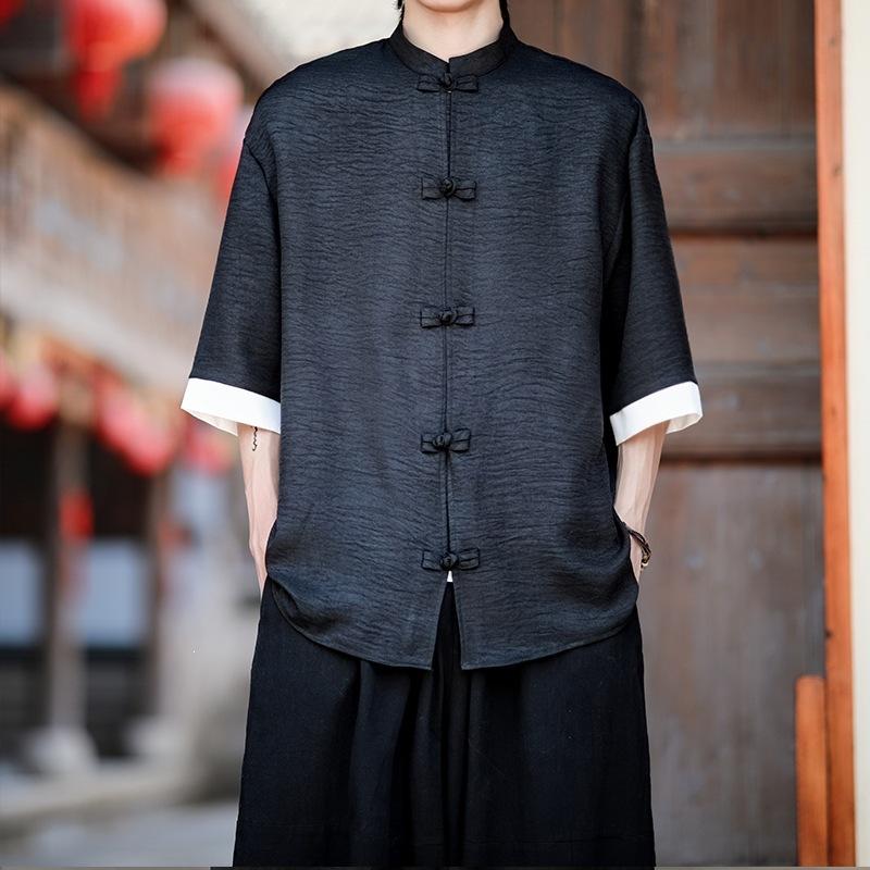 Mens White Chinese Style Mandarin Collar Frog Button Short Sleeve Shirt