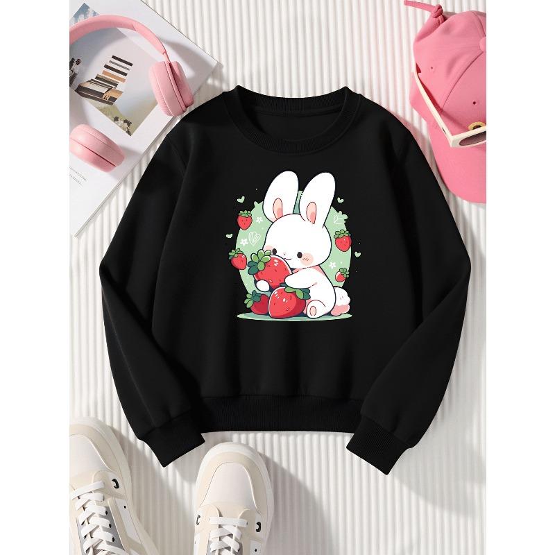 Kids Crewneck Sweatshirt, Cute Bunny Strawberry Pattern Print, Soft Comfort Pullover 110 чёрный