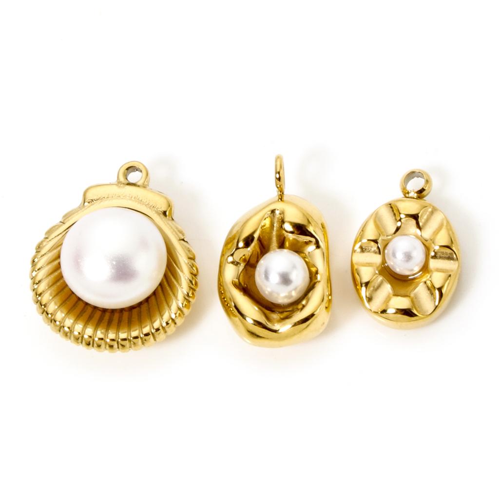 1 Piece 304 Stainless Steel Charms 18K Gold Plated Shell Acrylic Imitation Pearl Small Pendants DIY Necklace Women Findings