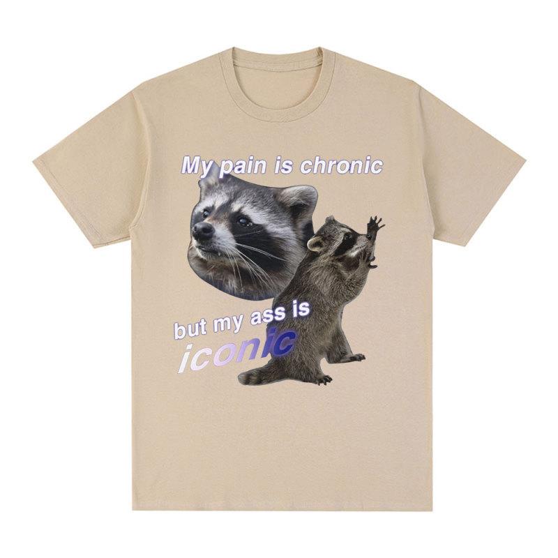 Funny My Pain Is Chronic But My Ass Is Iconic Raccon Meme T-shirt Men Cotton Short Sleeve T Shirts Fashion Casual Vintage Tees