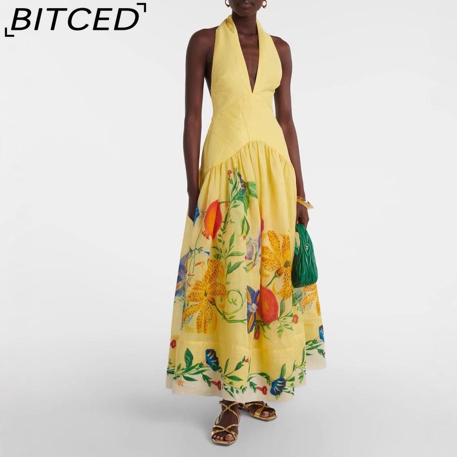 

BITCED Women s Printed Halter-Neck Backless Full-Skirted Deep V-Neck Dress XL жовтий