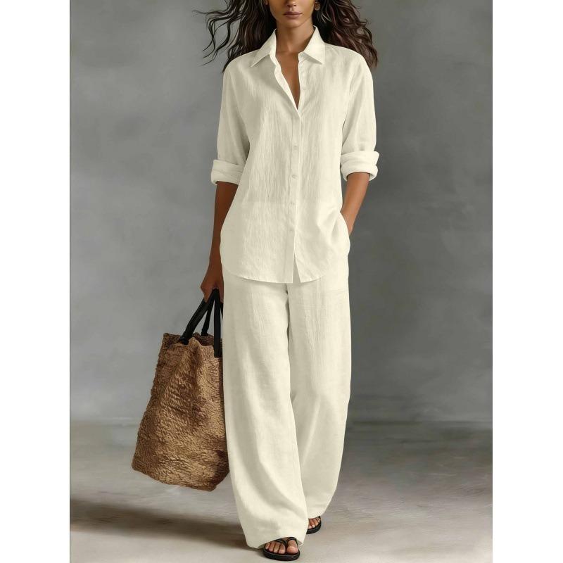 Fashion Linen Shirt Long Sleeved Women's Set Spring Autumn Loose Wide Leg Trousers Female Office Set
