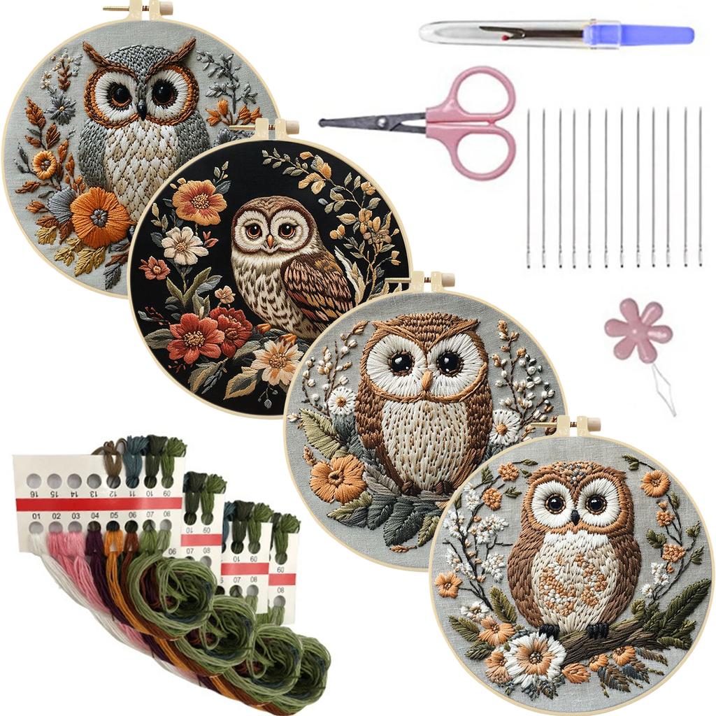 4 Pack Stamped Cross Stitch Kits with Embroidery Hoop Needles Threads Instruction Cross Stitch Set Cross Stitch Starter Kit